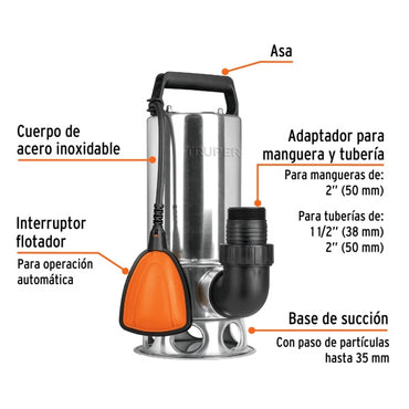 Bomba Sumergible Metálica Para Agua Sucia 1-1/2 HP, Truper, Mod. 12608