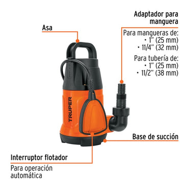Bomba Sumergible Plástica Para Agua Limpia 1 HP, Truper, Mod. 12602