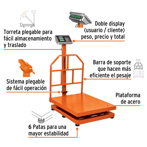 Báscula electrónica de plataforma, plegable, 600 kg, TRUPER, Truper, Mod. 15733