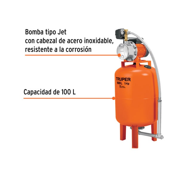 Bomba Hidroneumática 1 HP 100 Litros, Truper, Mod. 12255