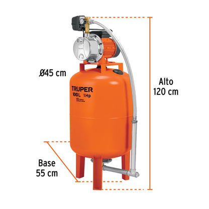 Bomba Hidroneumática 1 HP 100 Litros, Truper, Mod. 12255