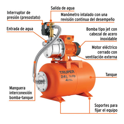 Bomba Hidroneumática 1/2 HP 24 Litros, Truper, Mod. 10077