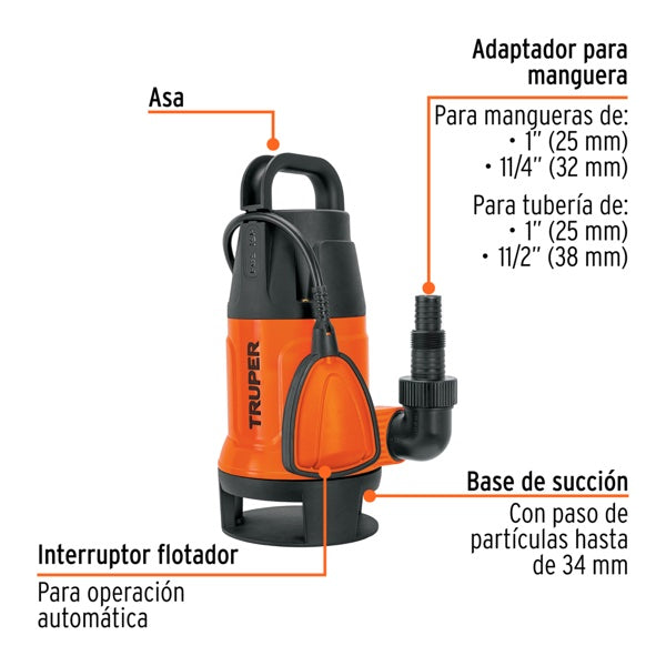 Bomba Sumergible Plástica Para Agua Sucia 1 HP, Truper, Mod. 12603