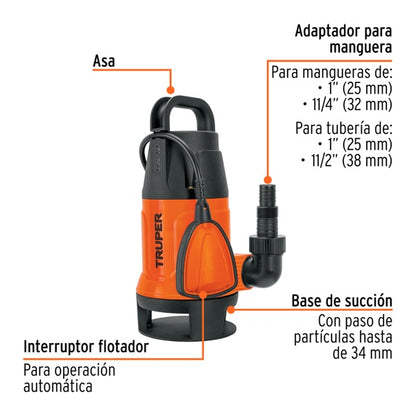 Bomba Sumergible Plástica Para Agua Sucia 1 HP, Truper, Mod. 12603