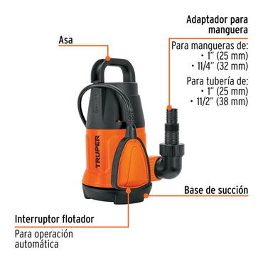 Bomba Sumergible Plastica Para Agua Limpia 1/2 HP, Truper, Mod. 12601