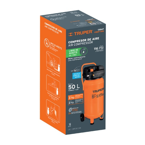 Compresor De Aire Libre De Aceite 50 L 3 HP (Potencia Máxima), Truper, Mod. 13847