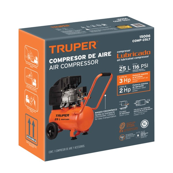 Compresor Horizontal 25 L 3 HP (Potencia Máxima) 127 V, Truper, Mod. 15006