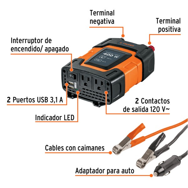 Inversor De Corriente 400 W, Truper, Mod. 10449