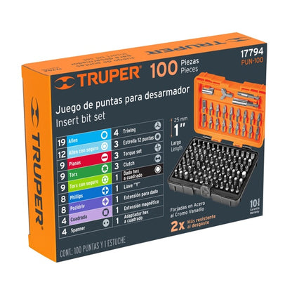 Juego De 100 Puntas Mixtas Largo 1" En Estuche Plástico, Truper, Mod. 17794