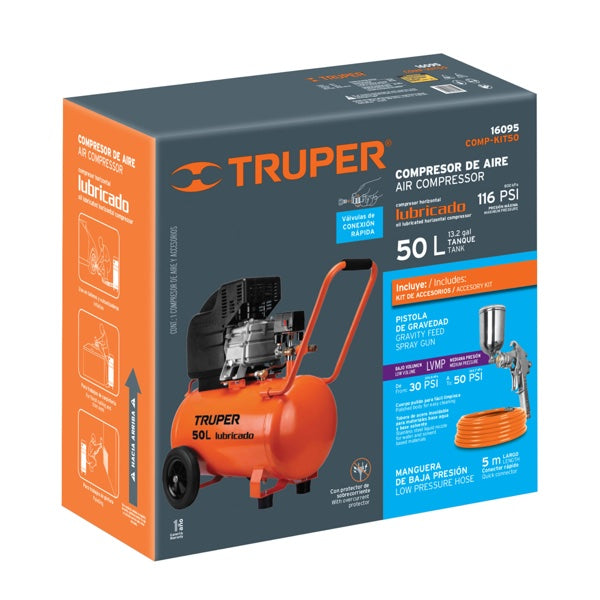 Kit Compresor 50 L 3-1/2 HP Manguera De PVC Y Pistola, Truper, Mod. 16095