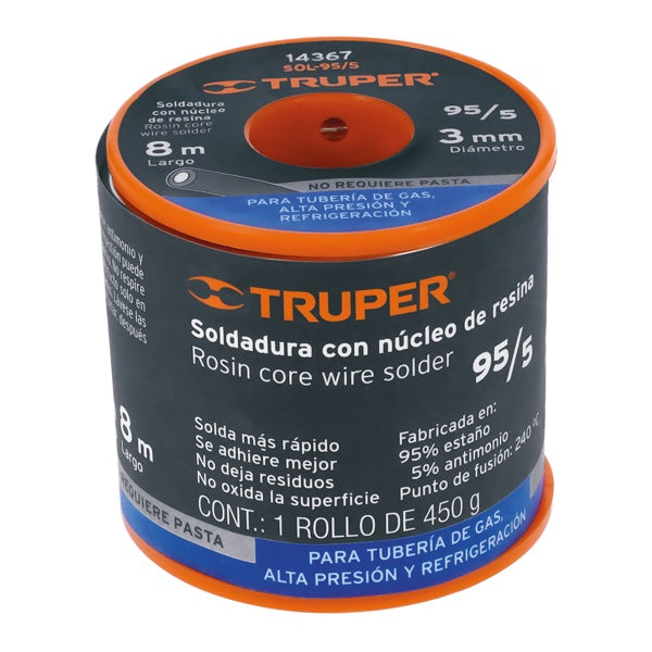 Soldadura Con Núcleo Resina 95/5 Tubería De Gas 450 G, Truper, Mod. 14367